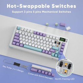 ZMX C75Pro TKL Gaming Keyboard,Hot Swap Gasket-Mounted Wireless Bluetooth 5.0/2.4G Type-C Wired Custom RGB Mechanical Keyboard with Screen&Knob for PC/Mac Gamer (Purple-White)