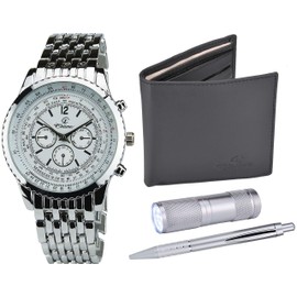 BELLOS Gift Box Men's Watch, Wallet, Torch Light, Pen, White, 40, Classic, White, 40, Classic
