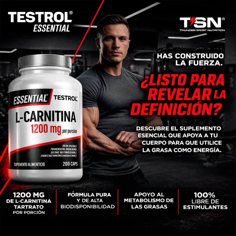 L-carnitina Pura 1200mg | 200 Cápsulas | Testrol Essential Sin