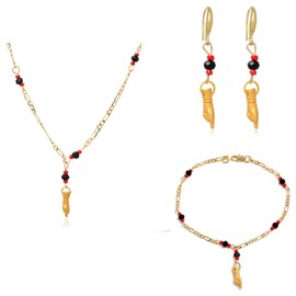 Caiyao Black Azabache Hand Figa Charm Stainless Steel 18K Gold Plated Link Chain Necklace Bracelet Evil Eye Amulet Protection Unisex Jewelry for Women Men-gold