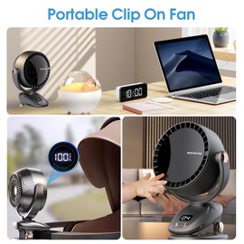 HINEIBER Rechargeable Clip on Fan, Portable Battery Operated Fan with Adjustable Tilt, Digital Display, Small Quiet Personal Desk Fan for Office Camping