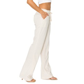 Cali1850 Women's Casual Linen Pants 32" Inseam Oceanside Drawstring Smocked Waist Lounge Beach Pants with Pockets Oatmeal X-Large