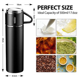 Thermos Flask, Stainless Steel Drinking Bottle, Keeps Hot and Cold for 10 Hours, Insulated Flask 500 ml with Leak-Proof Lid and Handle, Thermos Flask for Travel, Work, School, Children, Baby, Black