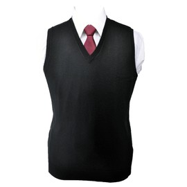 HAVILAH MODE, Thin but Warm Knit Vest, Washable, Wool, Business, Men's, Gilet Sweater, V-Neck, Large Size, Stretchable, Simple, Solid, Autumn and Winter, Black