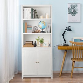 Wenst'sKufAN Nightcore 5-Tier Bookcase with Doors, Floor Standing Bookshelf with Storage, Adjustable Shelves, Pantry Cabinet, Wooden Display Shelf for Home, Office, Living Room, Bedroom (White)