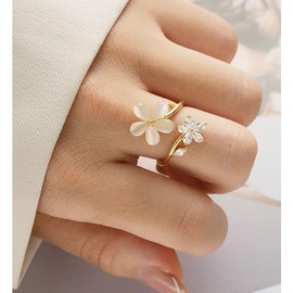 IMINI Dainty Flower Ring for Women Girls Sparkling Crystal Daisy Adjustable Statement Rings Pearl Chic Engagement Promise Ring Wrap Finger Open Band 14K Gold Plated Jewelry Gifts (White)
