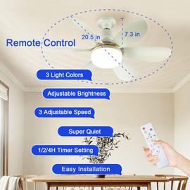 52CM Ceiling Fan with Light and Remote, Screw in Ceiling Fan in Light for Socket E26 E27, 40W Outdoor Small Dimmable Chandeliers for Bedroom, Garage, Patios, Kitchen, Farmhouse