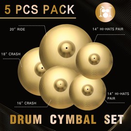 Lukmaa 5 Pieces Cymbals Pack Low Volume Cymbals Set 14"/16"/18"/20" Drum Cymbals Set Drum Kit Alloy Cymbals Pack Golden Practice Cymbal for Drummers Beginners