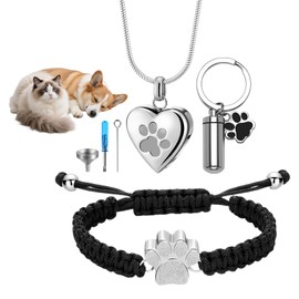 Cupimatch Pet Cremation Jewelry Set: 3 Pcs Stainless Steel Heart Pet Cats Dogs Urn Necklace Adjustable Paw Bracelet Memorial Ashes Keychain with Filling Kit
