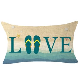 ITFRO Set of 2 Summer Gift Love Home Flip Flop Sea Turtle Beach Starfish Cotton Linen Lumbar Throw Pillow Case Cushion Cover Farmhouse Home Sofa Decorative 12X20 Inches (Love Home)