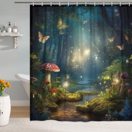 LKFBSC Mushroom Shower Curtain, Enchanted Forest Mushrooms Fireflies Butterflies Shower Curtains Set, Fairy Tale Woodland Shower Curtains Bathroom Curtain with Hooks 72x72inch
