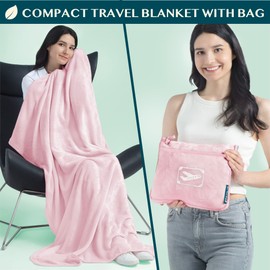 PAVILIA Travel Blanket Pillow in Soft Bag with Pockets, Airplane Blanket Set, Plane Blanket Compact Packable, Flight Essentials Car Pillow, Travelers Accessories Gifts, Luggage Strap, Light Pink