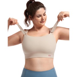 VFUS Women's Sports Bra Wirefree Adjustable Medium-High Support Everyday Wear for Large Bust Plus Size with Removable Pads (Small, Latte Beige)