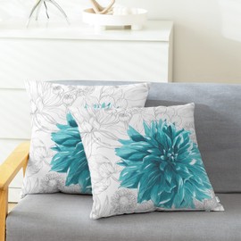 CaliTime Throw Pillow Cases Pack of 2 Cozy Fleece Colorful Dahlia Flower Simple Strokes Flora Background Decorative Cushion Covers for Couch Bed Sofa Farmhouse Decoration 18 X 18 Inches Teal Grey