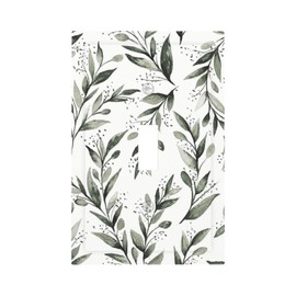 Dark Green/White Olive Eucalyptus Leaf Decorative Single Toggle Device Decorator Outlet Light Switch Cover Spring Neutral Vintage Boho Sage Greenery Floral 1-Gang Electrical Face Wall Plate Cover