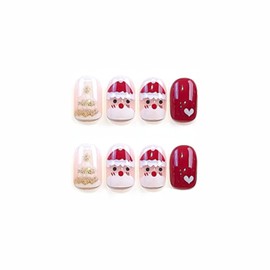 SINHOT Christmas Press on Nails Short Square Fake Nails Red Square Acrylic Nails Glossy Glue on Nails 24 pcs Cute Santa Claus Designs False Nails