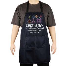CENWA Funny Chemistry Lovers Apron Chemistry Teacher Gift Biology Chemistry Gift Cooking Aprons With Pockets Adjustable Apron (LICK THE SPOON apron eu)