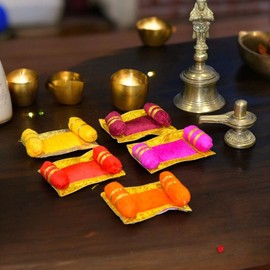 LoveNspire 4x Mini Laddu Gopal Velvet Asan Takiya Pillow Set for Lord Ganesha, Krishna, Kanha Ji, Bal Gopal God Goddess Idol Soft Mattress Cushion/gadda Bed Cum Aasan Set (3x2.25 Inch) - Color: Lemon