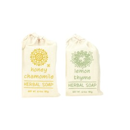 Greenwich Bay Trading Set of 2 Herbal Soaps - Each Individually Wrapped in a Drawstring Cloth Sack - Enriched with Shea Butter & Virgin Olive Oil and Infused with Fresh Botanical Scents - 6.4 Oz Each (Honey Chamomile & Lemon Thyme)