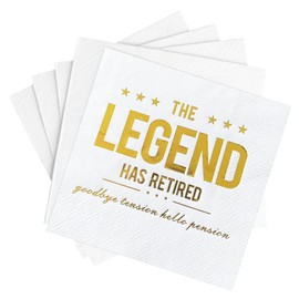 The Legend Has Retired Cocktail Napkins, 50 Pack 3-Ply Retirement Party Decorations Supplies, White & Gold Disposable Napkins for Farewell,Coworker Goodbye & Going Away Celebration (5"x5")