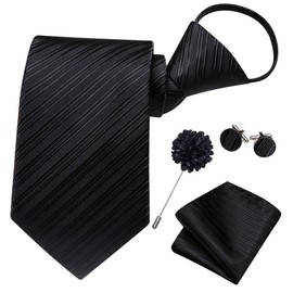 Hi-Tie Zipper Ties for Men Paisley Striped Plaid Adjustable Pre-tied Necktie Lapel Pin Pocket Square Cufflinks Set, Black B, Medium