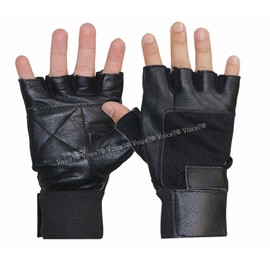 Voice7 Leather Fingerless GLOVES | Long Lasting Adjustable Strap ~ For Goth Biker ~ Punk Drivers ~ Gym ~ Cycling ~ MotorBike ~ BodyBuilding ETC | (BLACK, LARGE)