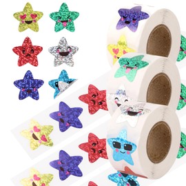 1500 Pcs Smile Star Stickers, Shiny Reward Stickers for Children, 3 Rolls Star Stickers for Reward Chart, Sparkly Incentive Stickers, Holographic Stickers for Teacher Supplies at School
