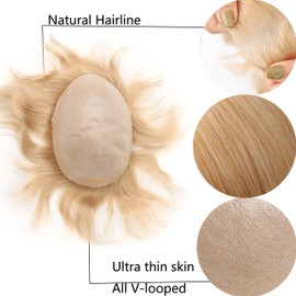Lishy Men’s Toupee Soft Thin Skin 0.06mm PU 10x8inch Hair Replacement for Men's Hairpiece 100% European Human Hair Pieces for Man #22 Ash Blonde Color