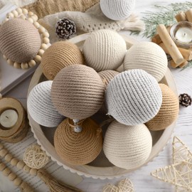 PullCrease 12 Pcs Christmas Balls Ornament Jute Rope Burlap Xmas Ornaments Farmhouse Boho Xmas Bauble Rustic Hanging Natural Christmas Decorations for Home Office Party (Mixed Colors,3.15 Inch)
