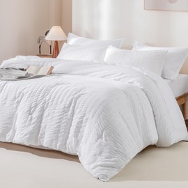 AveLom White Comforter Queen Size Set with Sheets - 7 Pieces Bed in a Bag Seersucker Complete Bedding Set, All Season Lightweight Bed Set with Comforter, Sheets, Pillowcases & Shams
