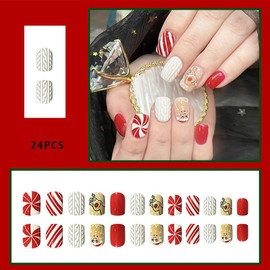 Christmas Press on Nails Short, Christmas Fake/False Nails with Embossed Gingerbread Man Press ons Designs Christmas Nails Press on Acrylic Artificial Nails Stick on Nails For Women 24Pcs