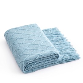 Counfeisly Acrylic Knitted Throw Blanket, Lightweight and Soft Cozy Decorative Woven Blanket with Tassels for Couch, Bed, Sofa, Travel, Suitable for All Seasons, 50 x 60 Inches, Light Blue