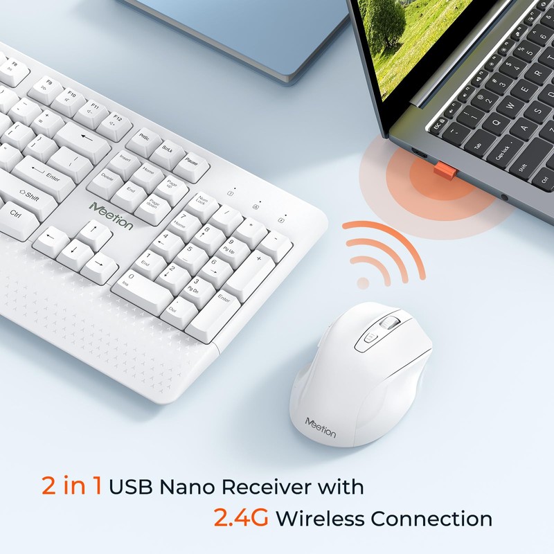 MEETION Wireless Keyboard and Mouse White, 2.4G USB Receiver Plug-and-Play,