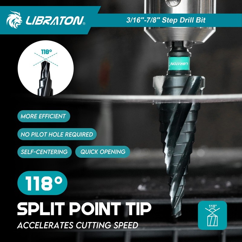 LIBRATON Four Spiral Flute Step Drill Bit, M35 Cobalt Unibit