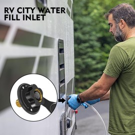 YTFSA RV City Water Inlet with Check Valve, RV Water Inlet Replacement, 3/4 NH Female to 1/2 NPT Male Black Flange RV Fresh Water Inlet, RV Water Inlet with Dust Plug for RV Camper Motorhome, Black