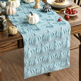 Artoid Mode Blue Soft Plush Faux Fur Jacquard Pumpkins Fall Table Runner, Seasonal Autumn Kitchen Dining Table Decoration for Home Party Decor 13x72 Inch