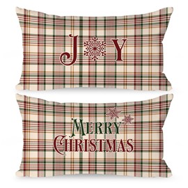 12x24 Christmas Throw Pillow Covers Set of 2, Plaid Lumbar Christmas Pillow Covers Decorative Pillow Covers Xmas Cushion Cases for Indoor Home Couch Sofa Decor (White)