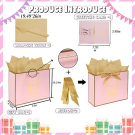 Eaureum Sweet 16 Birthday Gift Bag for Girls, Pink 16th Birthday Gift Bag Party Decorations for 16 years old Girls Daughter Granddaughter Friends