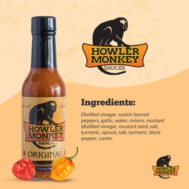 Howler Monkey Sauce Original - Panamanian Style Hot Sauce by Aji Chombo Peppers from the Caribbean - Gluten-Free, No Carbs, Low Sodium - Spice Up Any Dish, Soups, or Marinades - 2-Pack 5oz Bottle