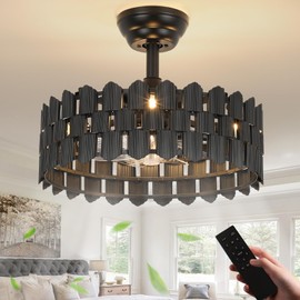 Merexcint 18 Inch Black Ceiling Fans with Lights and Remote, Black Caged Ceiling Fan Light with 6-Speed Motor, Bladeless Fan, Fandelier Ceiling Fan with Light for Bedroom, Living Room, Dining Room