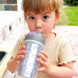 Chicco 9oz. Double-Wall Insulated Flip-Top Sippy Cup with Silicone Straw and Spill-Free Lid | Top-Rack Dishwasher Safe | Easy to Hold with Ergonomic Indents | Rainbow Silver/Purple | 12+ months