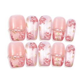 LIFOOST Handmade Nails Press On Medium Coffin Flowers Blooming French Style Cat Eye False Nail Tips with Pearls Design Stick On Nails for Autumn and Winter 10 Pcs, Size S