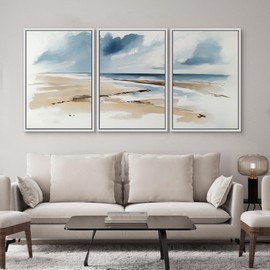 SIGNWIN Framed Canvas Print Wall Art Set Coastal Beach Horizon Blue and Tan Seascape Illustrations Modern Art Decorative Boho Relax/Zen Nordic for Living Room, Bedroom, Office - 24"x36"x3 White