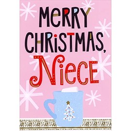 Designer Greetings Blue Mug with Tree and Gold Star on Pink Christmas Card for Teen/Teenage Niece