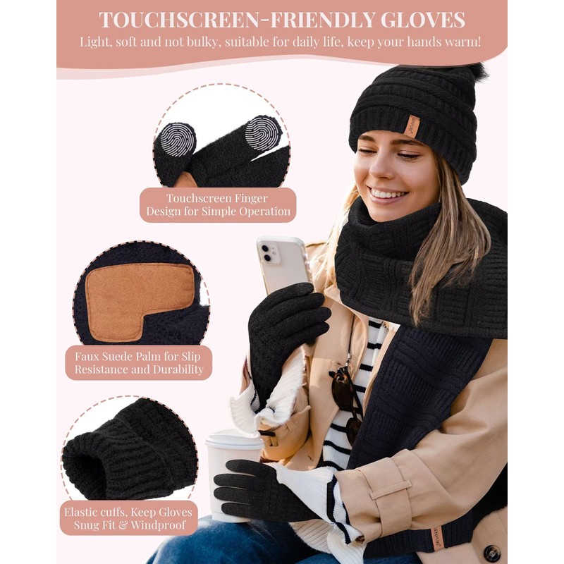 Womens Winter Beanie Hat Scarf Gloves Set, Cute Pom Pom