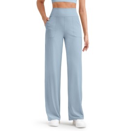 G4Free Women's High Waisted Wide Leg Yoga Pants with Convenient Pockets Lightweight Casual Trousers for Active（Blue Willow,M,28"
