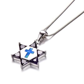 Blue Opal David Star and Cross Crucifix Necklace, Crystals Fire Opal Cross Pendant, Hexagram Collar with Birth Stone Statement Necklace, Agate