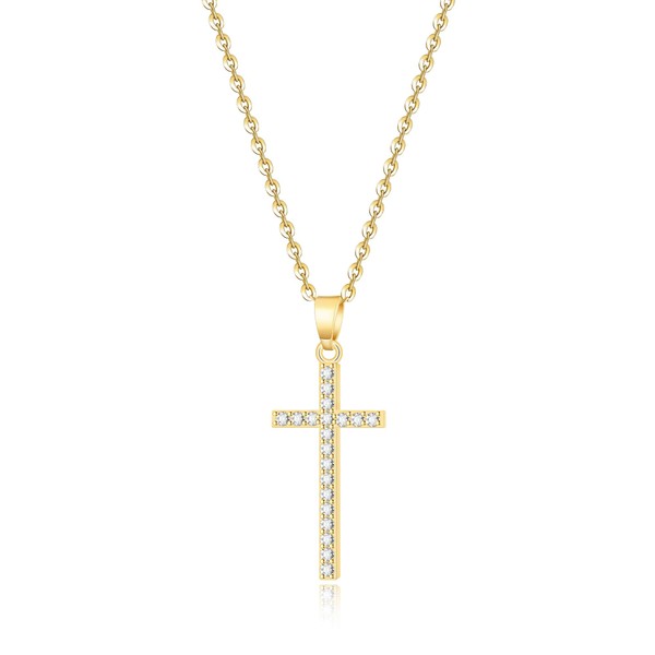 Qyzz Cross Necklace for Women, 14K Gold Plated Cross Pendant