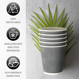 NYHI Set of 150 Ripple Insulated Gray Paper Cups Coffee Tea Hot Cups Recyclable 3 Layer Rippled Wall For Better Insulation Perfect for Cappuccino Hot Coco or Iced Drinks (8 oz - 150 pack)