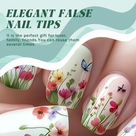 3D Floral Short Press On Nails – Reusable Square Fake Nails with Embossed Flowers, No Glue Needed, Lightweight Full Cover Nail Tips for Women, Easy DIY Summer Manicure